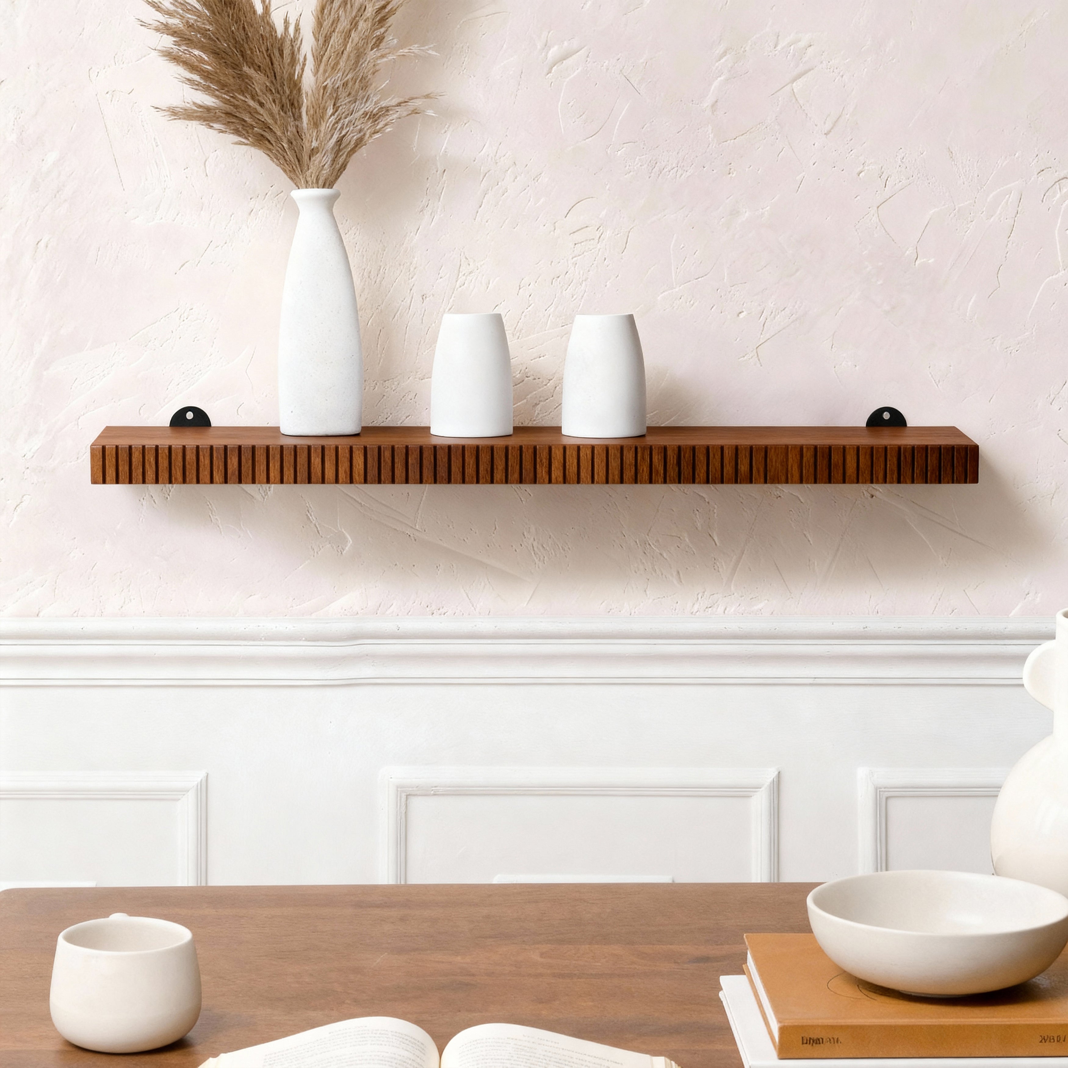 Ancona Solid Wood Wall Mounted Walnut Shelf - Large