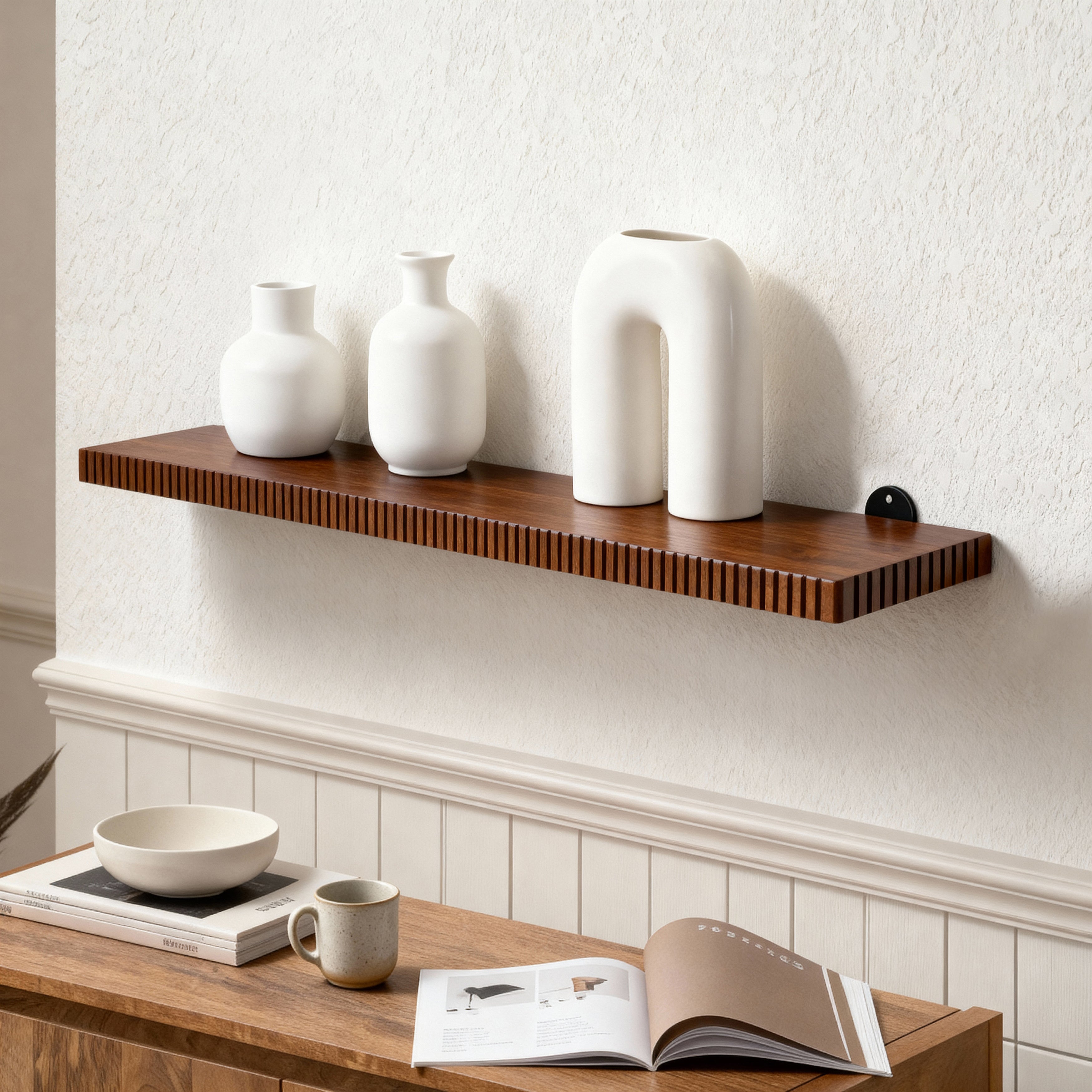 Ancona Solid Wood Wall Mounted Walnut Shelf - Large