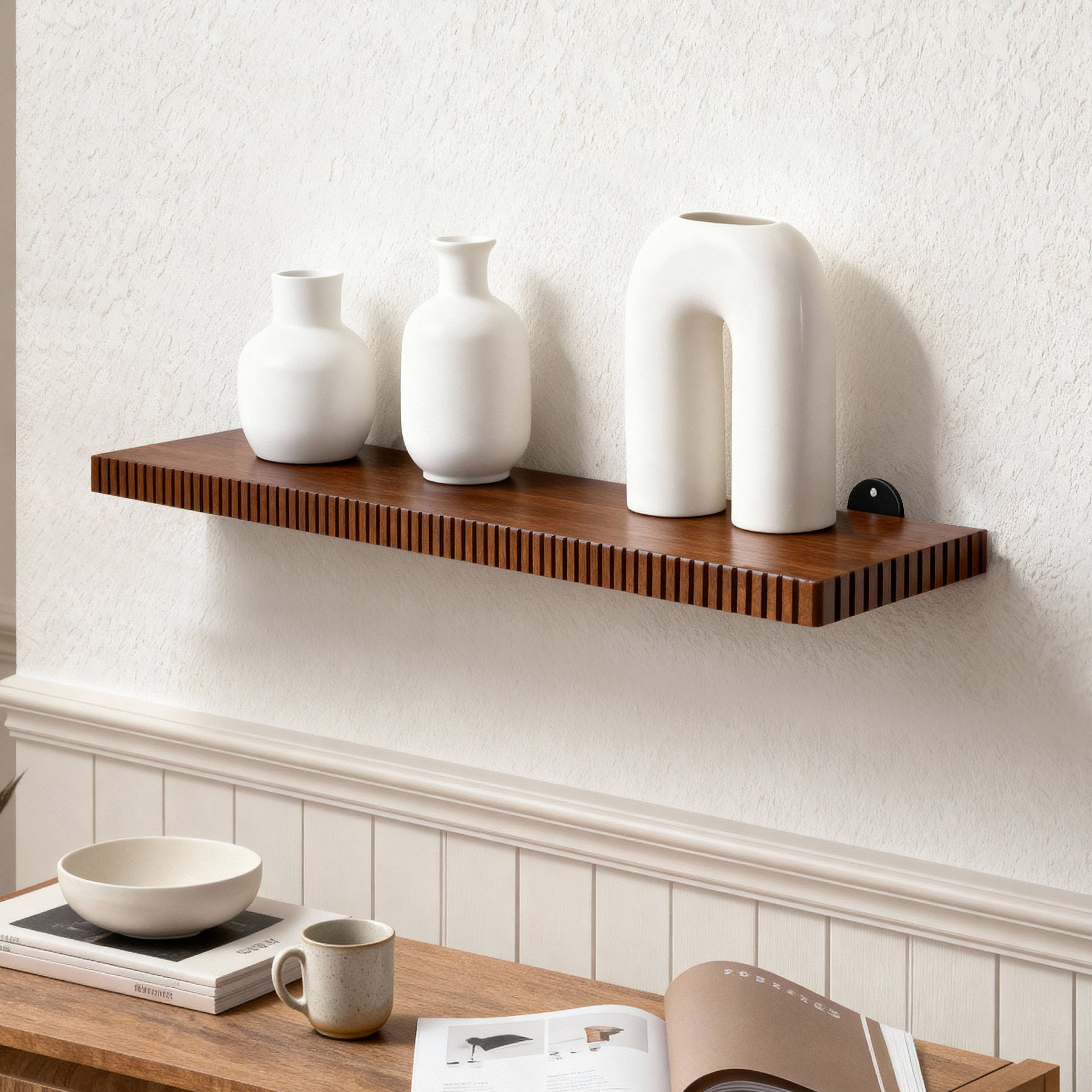 Ancona Solid Wood Wall Mounted Walnut Shelf - Small