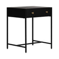 A black metal nightstand with two drawers and gold-colored knobs.