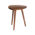 A triangle top walnut wood side table with a smooth finish and three slender legs.
