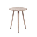 Round wooden side table on a white background