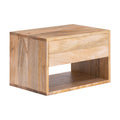 A natural wood floating nightstand with a visible grain pattern and a lower shelf