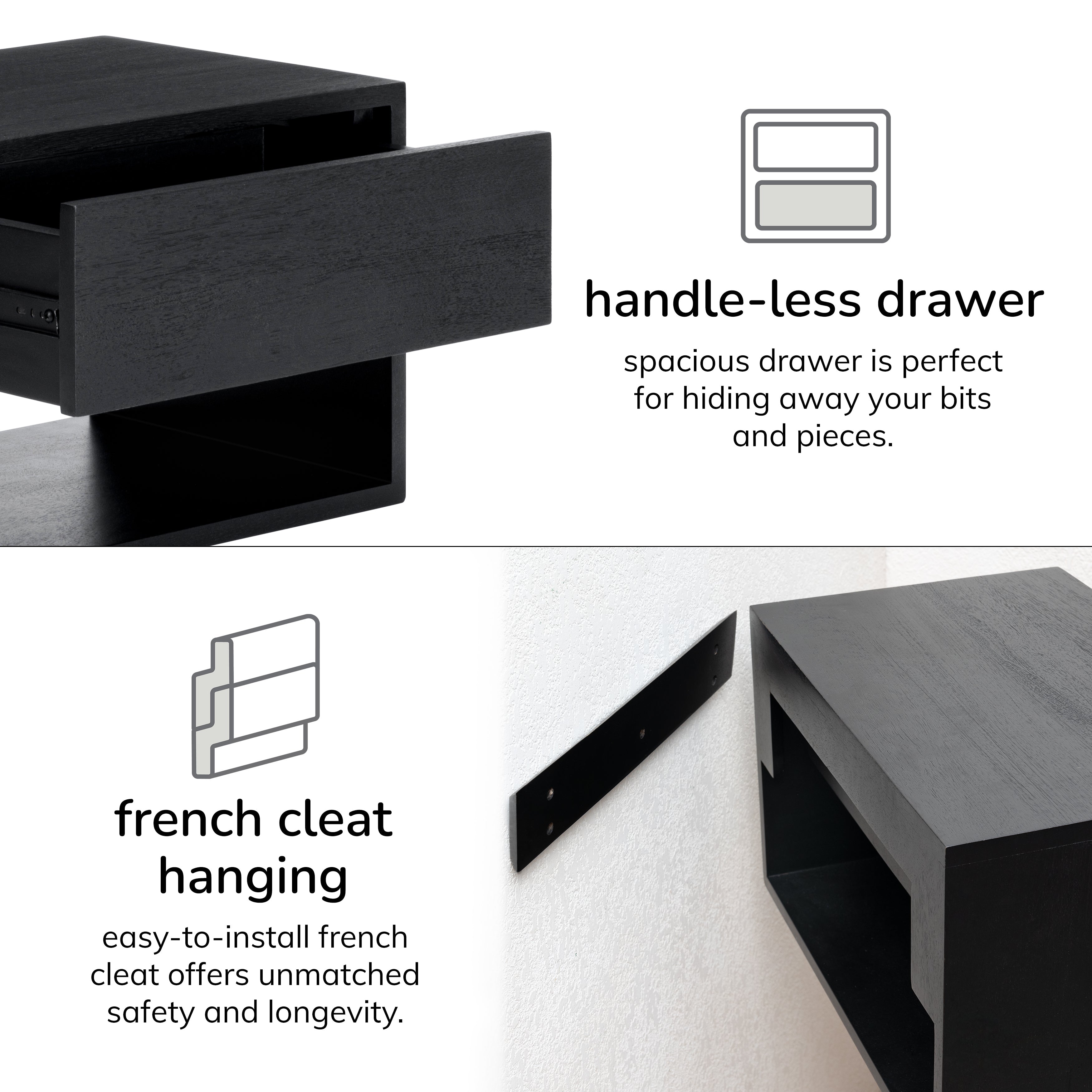 Idris Solid Wood Floating Nightstand- Black