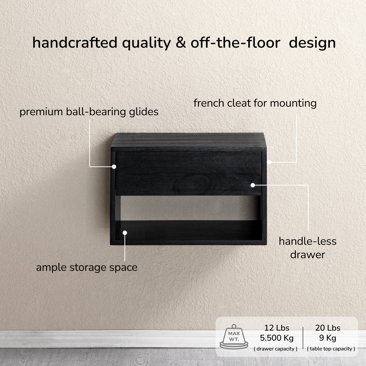 Idris Solid Wood Floating Nightstand- Black