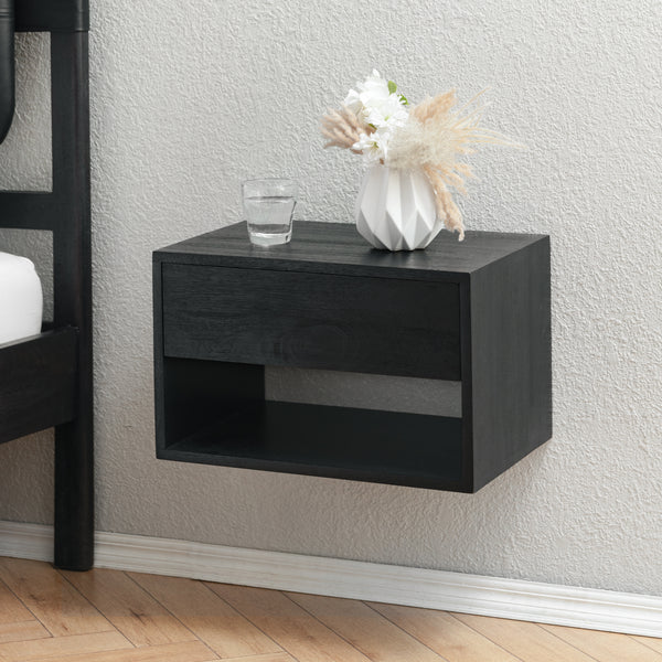 Idris Solid Wood Floating Nightstand- Black