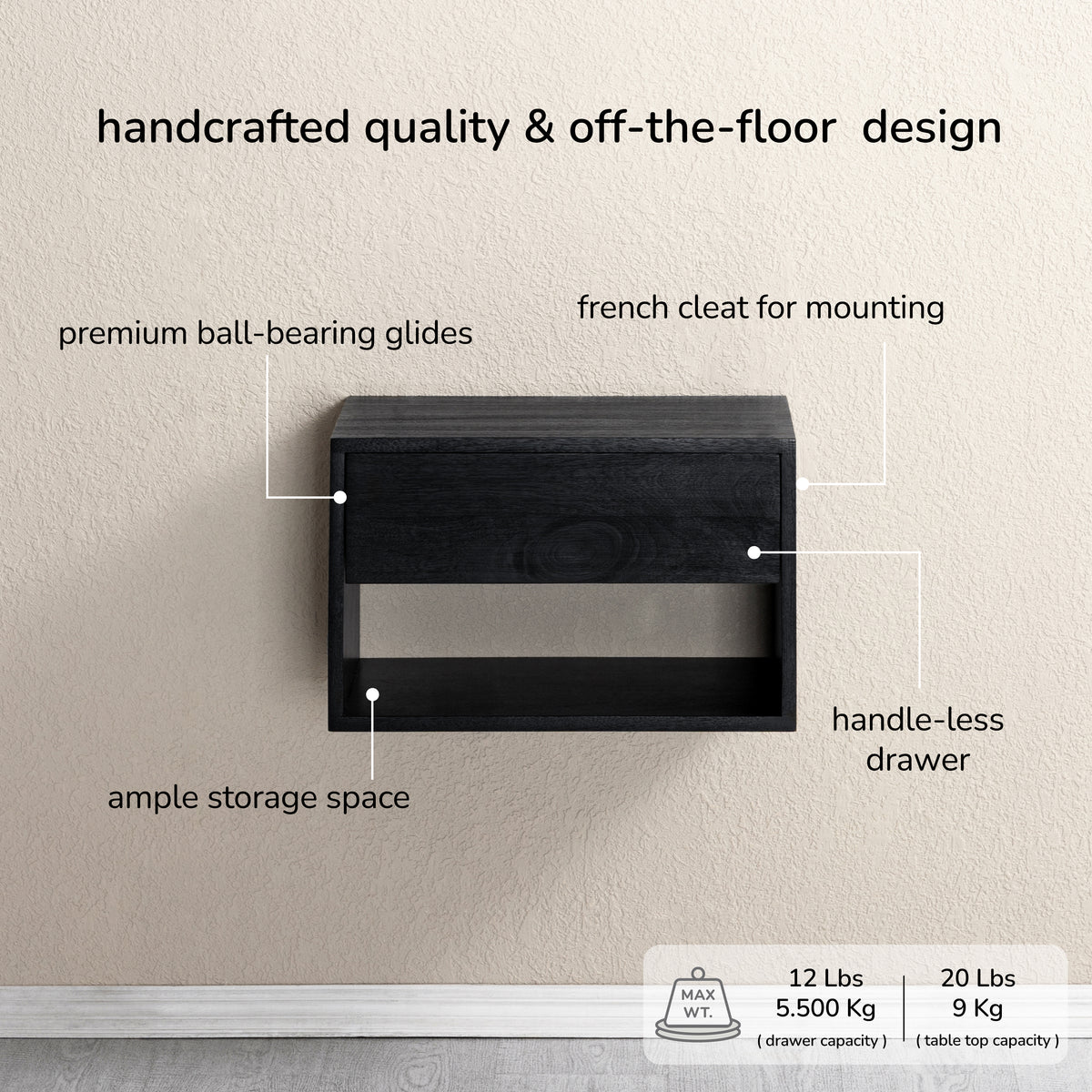 Idris Solid Wood Floating Nightstand- Black