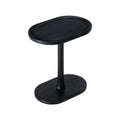 A black side table with a round top and a single central support leg, with a solid metal frame.