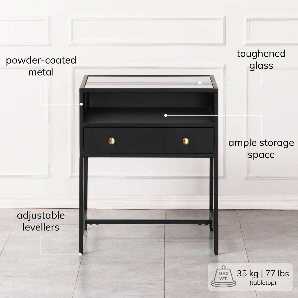 Hale Metal & Glass Black Nightstand