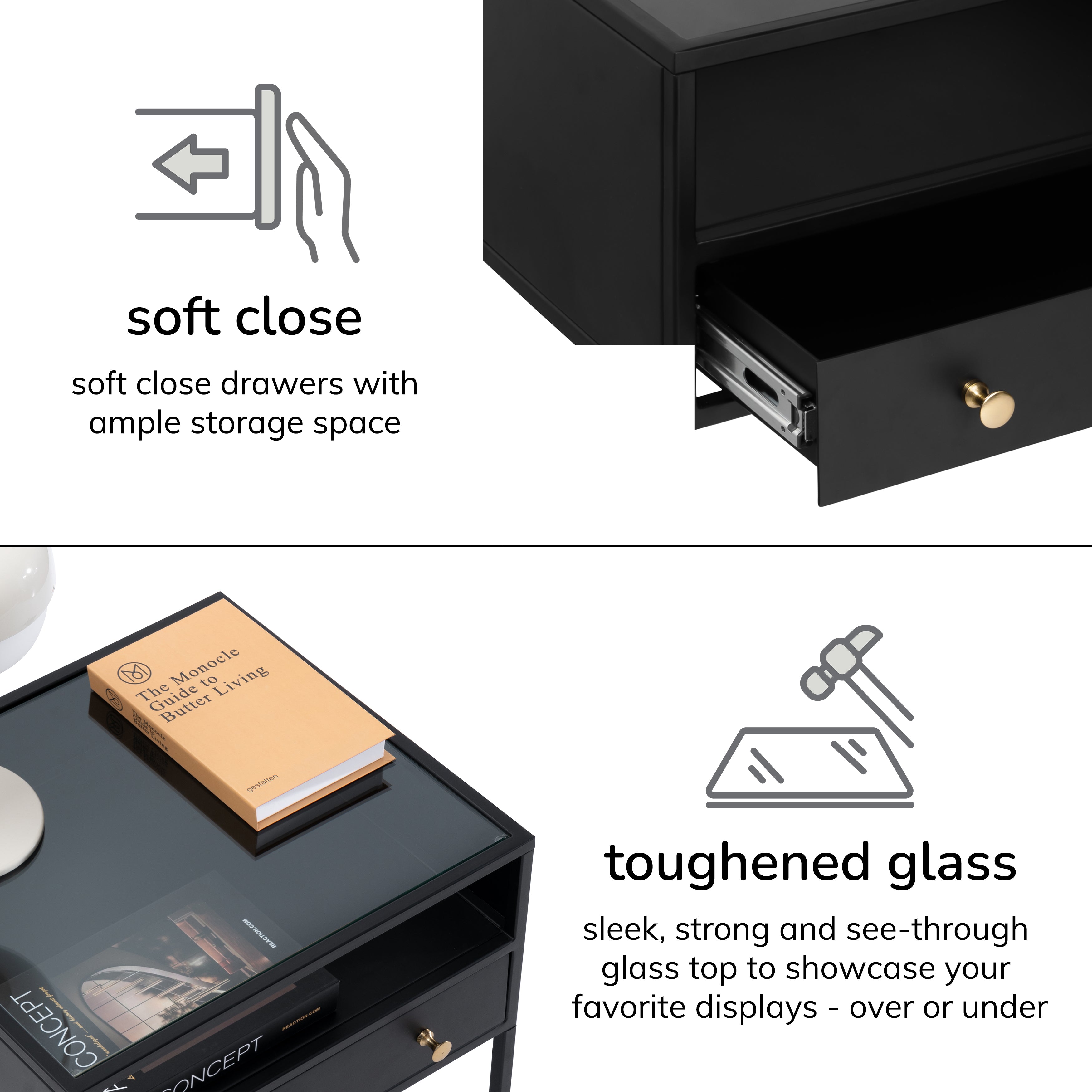 Hale Metal & Glass Black Nightstand