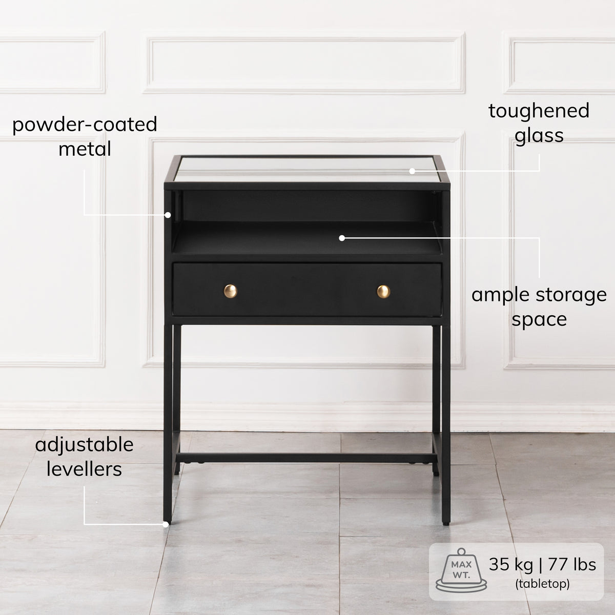 Hale Metal & Glass Black Nightstand