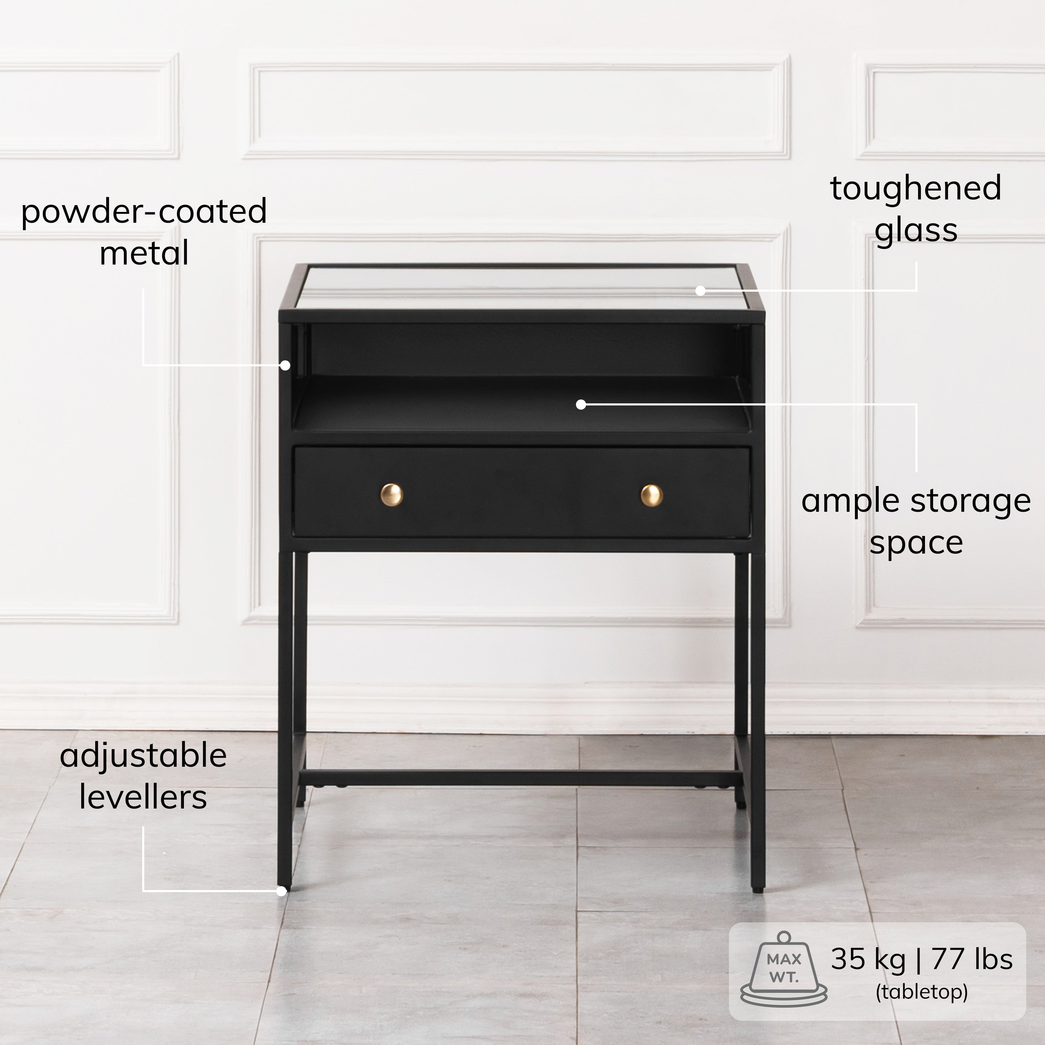 Hale Metal & Glass Black Nightstand