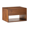 A walnut wood floating nightstand with a drawer and open shelf below.