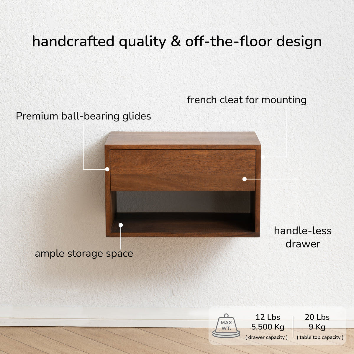 Idris Solid Wood Floating Nightstand- Walnut