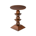 A round, natural wood side table with a geometric, tiered base.