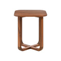 A square-shaped walnut side table with a visible wood grain finish and a unique geometric metal frame.