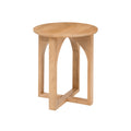 A round blonde natural wood side table with cross leg frame.