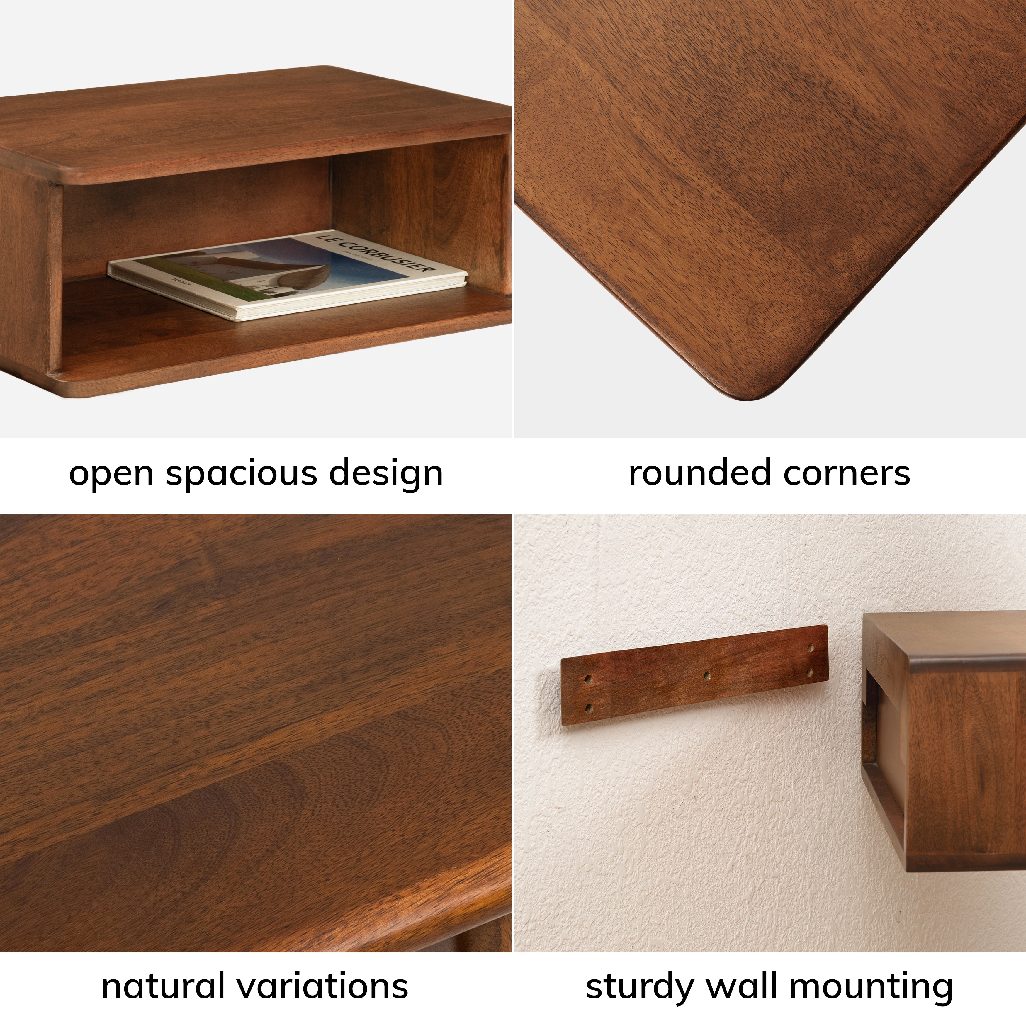 Wooden bedside table with features highlighted on a white background