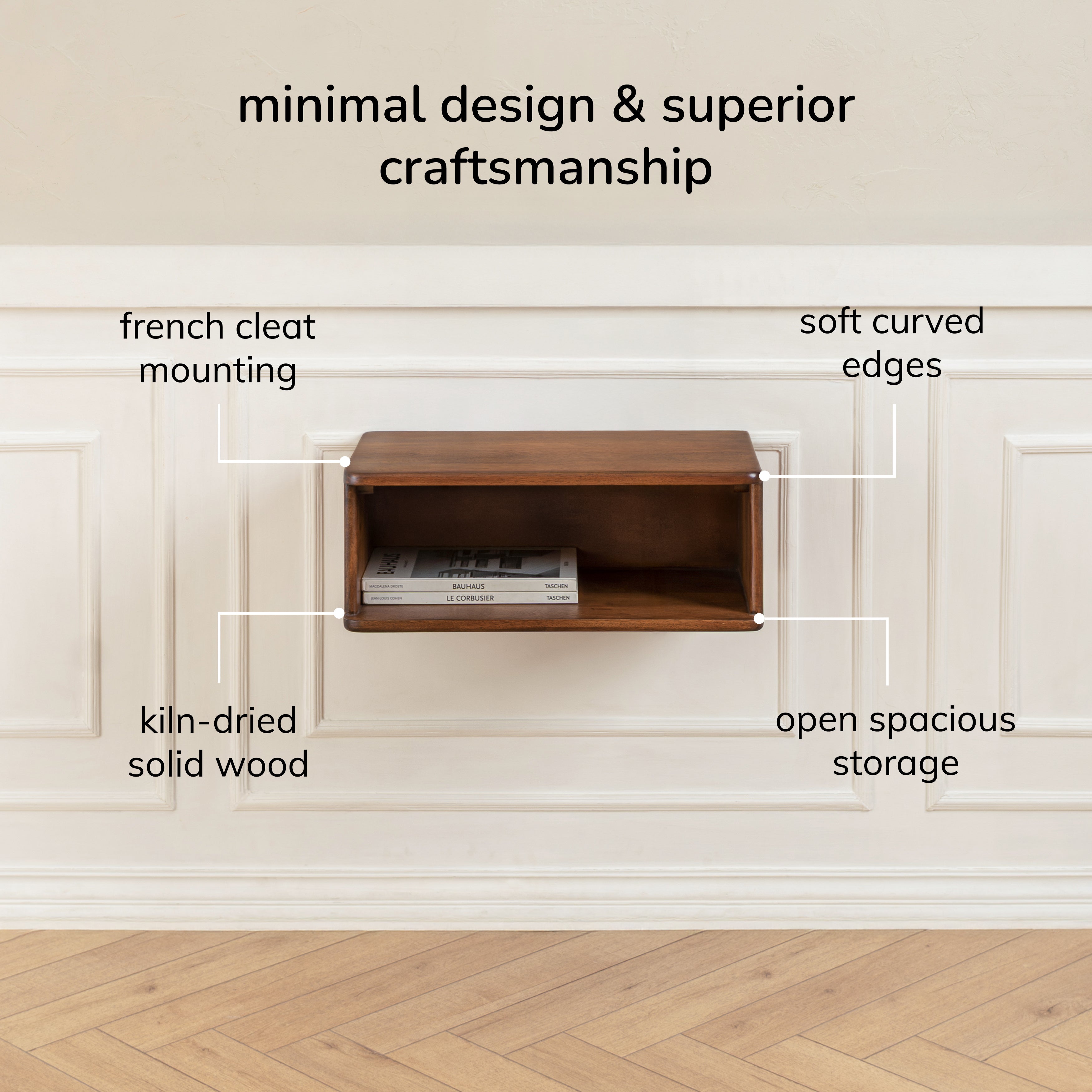 Wooden bedside table with features highlighted on a neutral wall background