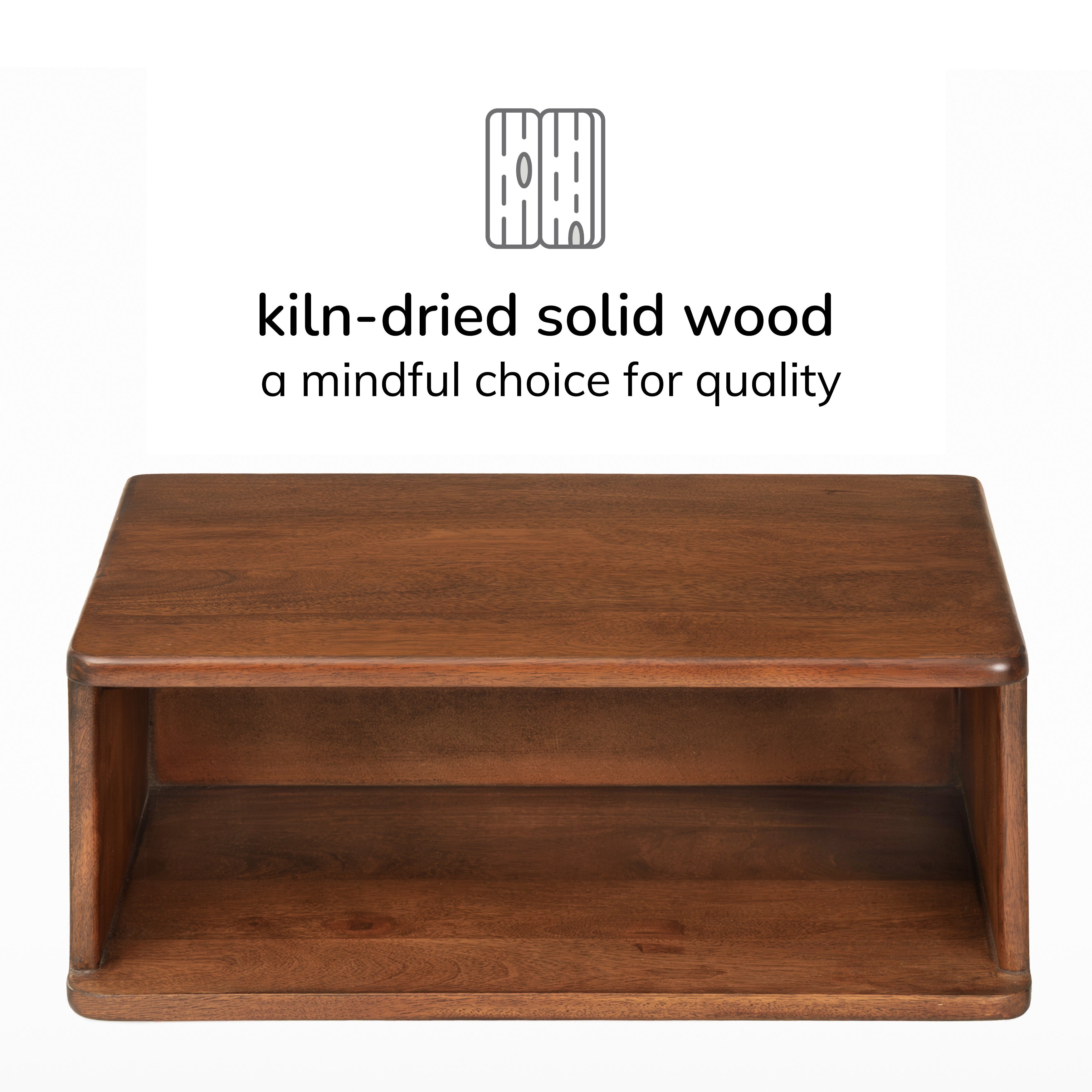 Wooden bedside table with 'kiln-dried solid wood' text and icon on a white background
