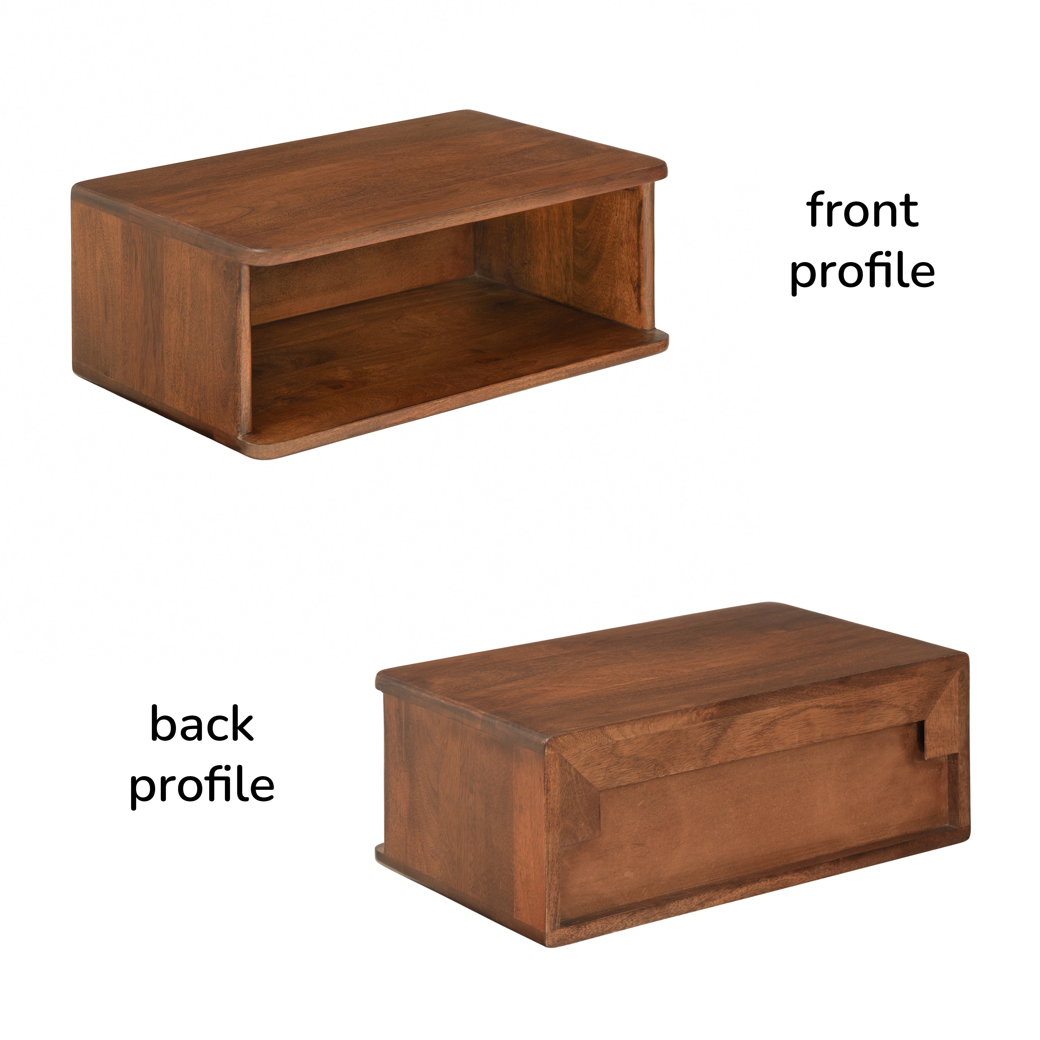 Wooden bedside table with open shelf storage shown from front and back profiles on a white background