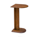 Wooden side table with a curved design on a white background