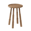Wooden side table with round top and four legs on a white background