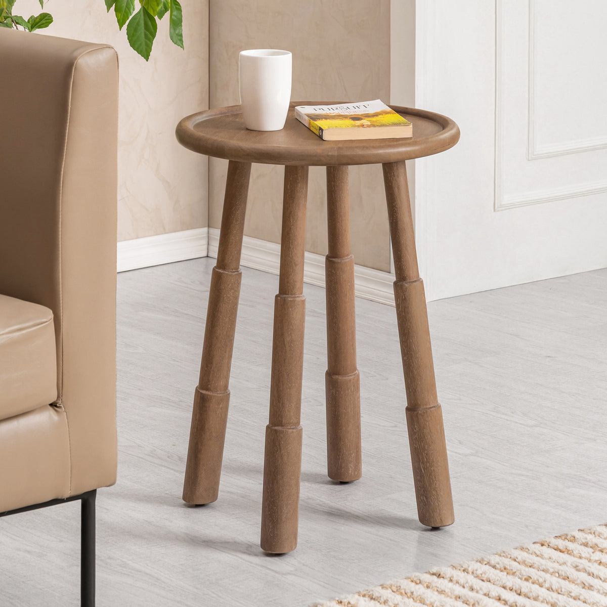 Bali Solid Wood Side Table - Cerused Taupe