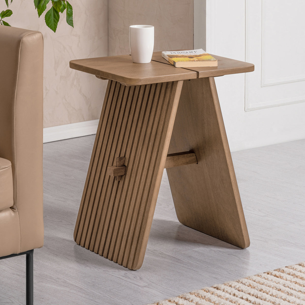 Lohan Solid Wood Side Table - Cerused Taupe