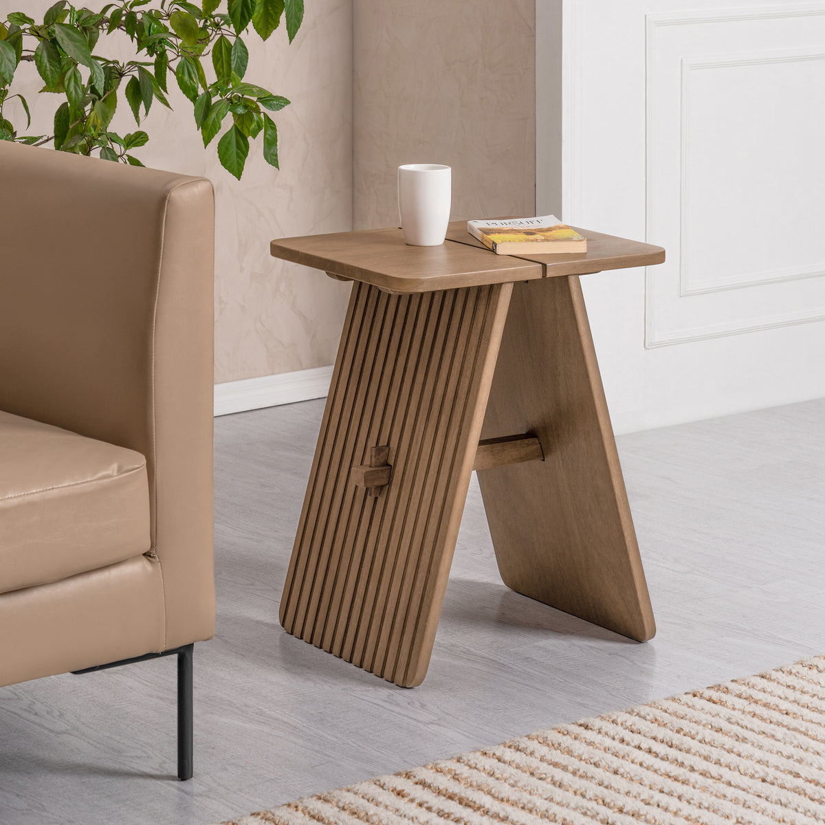 Lohan Solid Wood Side Table - Cerused Taupe