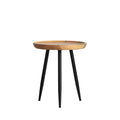 Small round wooden table with black metal legs on a white background