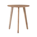 Wooden side table with three legs on a white background