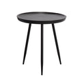 A black round wooden side table with three legs.