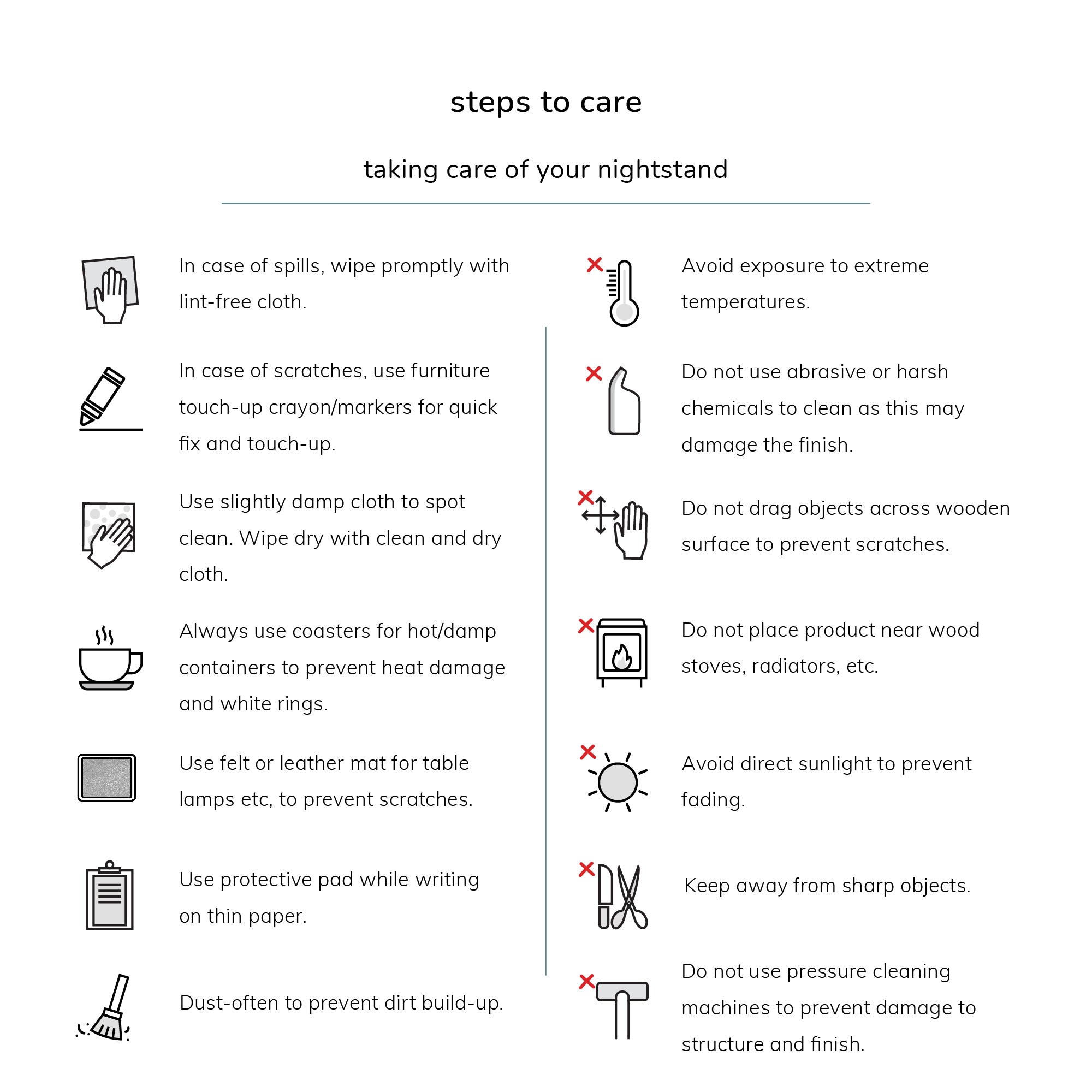 Care instructions for a nightstand with icons and text on a white background